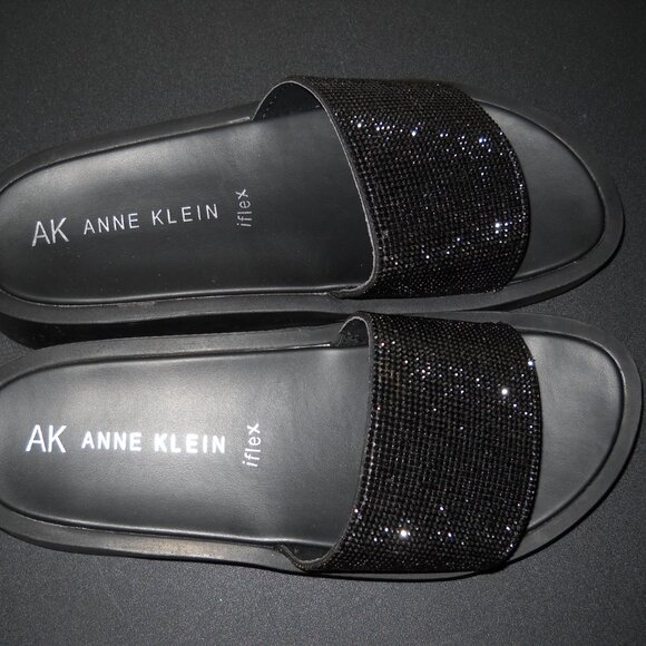 AK Anne Klein iFlex Slide Sandals Black Stone Embellished - Size 10 M - Picture 2 of 4